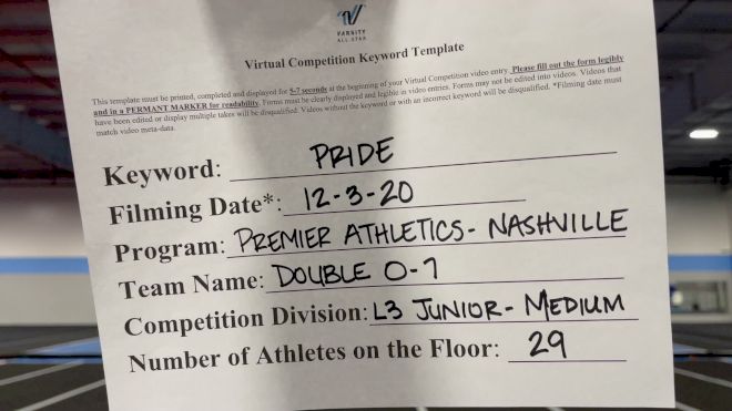 Premier Athletics Nashville - Double O [L3 Junior - Medium] 2020 WSF All Star Cheer & Dance Virtual Championship