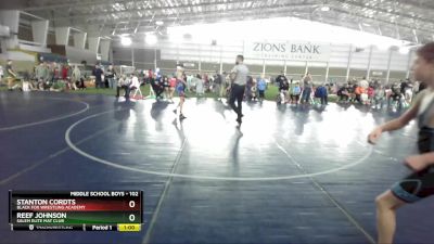 102 lbs Cons. Round 2 - Stanton Cordts, Black Fox Wrestling Academy vs Reef Johnson, Salem Elite Mat Club