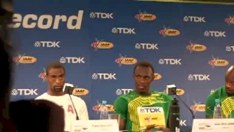 Usain talks about his spikes and joking before the race