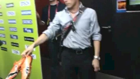 Ricky Simms with Bolt's smelly 19.19 shoes