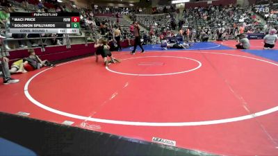 90 lbs Cons. Round 1 - Solomon Spillyards, Raptor Wrestling vs Maci Price, Prairie Grove Youth Wrestling