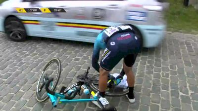 Gianni Moscon's Jacket Gets Tangled In His Derailleur In The 2022 Tour Of Flanders