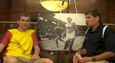 Cole Watson talks with Jim Ryun before 2010 Dream Mile