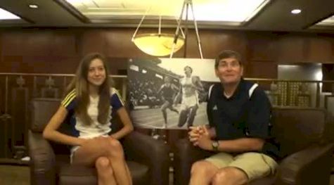 Maddie Meyers talks with Jim Ryun before 2010 Dream Mile