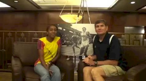 Marielle Hall talks with Jim Ryun before 2010 Dream Mile