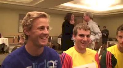 Cole Watson and Colby Alexander with Brett Gotcher at press conference - Jim Ryun Dream Mile