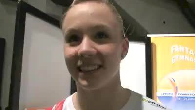 Ariella Kaeslin of Switzerland after throwing a new Vault and Qualifying to Finals