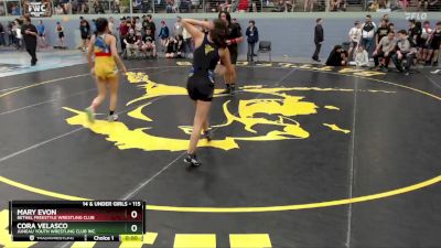 115 lbs Quarterfinal - Cora Velasco, Juneau Youth Wrestling Club Inc. vs Mary Evon, Bethel Freestyle Wrestling Club