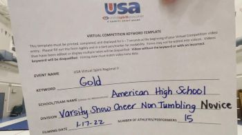 American High School [Varsity Show Cheer Non Tumbling Novice] 2022 USA Virtual Spirit Regional II