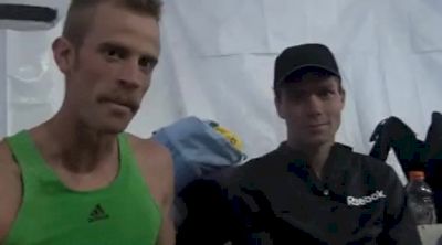 Paul Michel talks with Bobby Curtis after his win at 2011 Boston Marathon BAA 5k