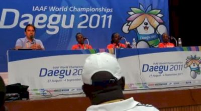 Edna Kiplagat, Priscah Jeptoo, Sharon Cherop talk about Edna's fall - Women's Marathon Press Conference Daegu 2011 World Champs