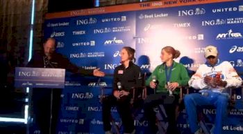 Meb Keflezighi, Lauren Fleshman, Bobby Curtis and Molly Pritz opening remarks after ING New York City Marathon 2011