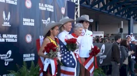 Team USA Ladies on the stage with cowboy hats after 2012 Olympic Marathon Trials
