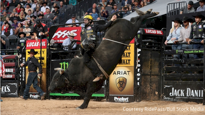 Silvano Alves rides Paige Stout Bucking Bulls's Superstition Photo By: Andy Watson/Bull Stock Media