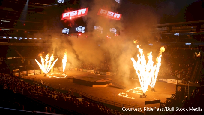 Fire, Pyro, Lights in the opening during the Canadian qualifier at the PBR Global Cup.