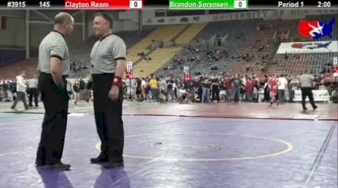 145 lbs quarterfinal Brandon Sorensen IA vs. Clayton Ream MO