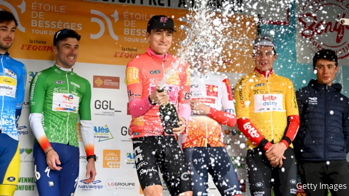 Neilson Powless celebrates at the 2023 Etoile de Bessège