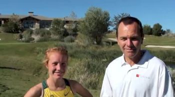 Oregon's Allie Woodward gives love to her alma mater and wishes Notre Dame Academy of Green Bay the best at WI state meet at 2012 Pac 12 XC Championships