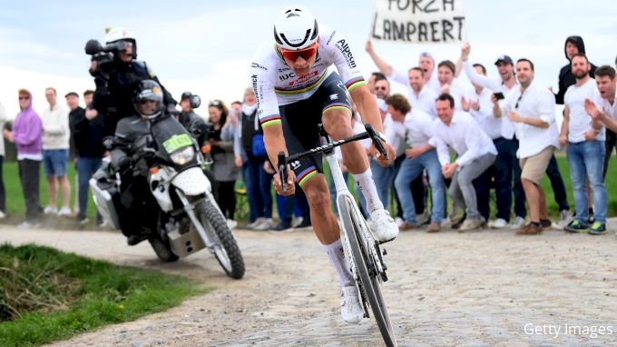 Mathieu van der Poel racing the 2024 Paris-Roubaix.