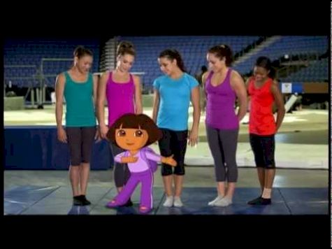 A-DORA-ble gymnastics ad featuring the Fierce Five and Dora the Explorer