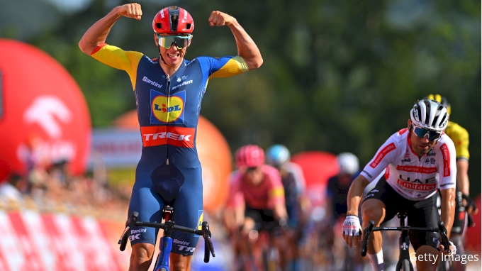 Thibau Nys Team Lidl-Trek celebrates as stage winner ahead of Diego Ulissi UEA Team Emirates - during the 2024 Tour de Pologne Poland