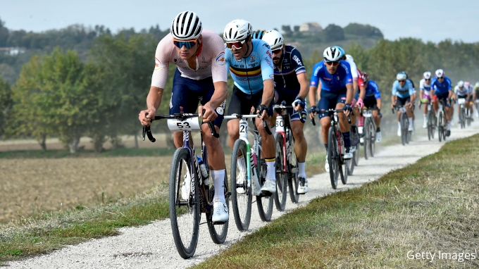 Dutch rider Mathieu Van Der Poel rides ahead of Belgian rider Greg Van Avermaet during the first edition of the UCI Gravel World Championships 2022