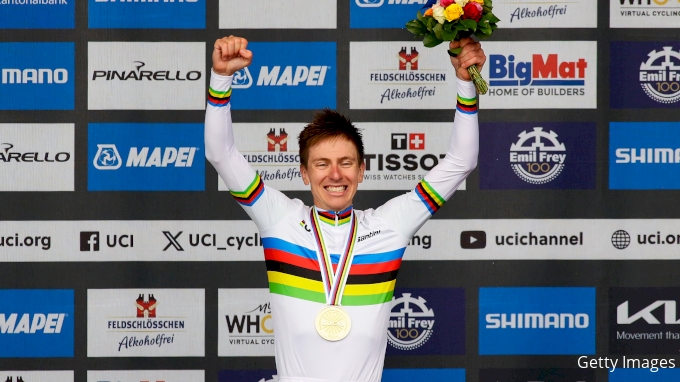 Tadej Pogacar on the podium at the 2024 UCI Road World Championships in Zurich