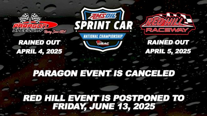 Rain Washes Away USAC Sprint Races At Paragon Speedway And Red Hill Raceway