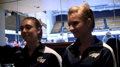 GW's Stephanie Stoicovy and Betsy Zander after winning the team and going 1-2 in the AA in their first meet of the season