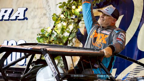 Dale McDowell Reacts After Winning Friday's Semifeature #1 At 55th World 100