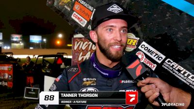 Tanner Thorson Reacts After First Career Points Win With Kubota High Limit At Lernerville