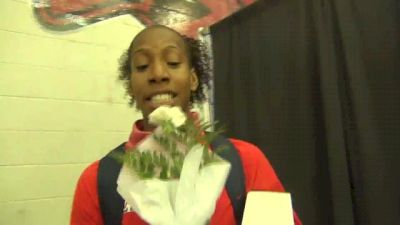 Brigetta Barrett dosen't know what to do with her hands after winning 3rd HJ title at 2013 NCAA Indoor Champs
