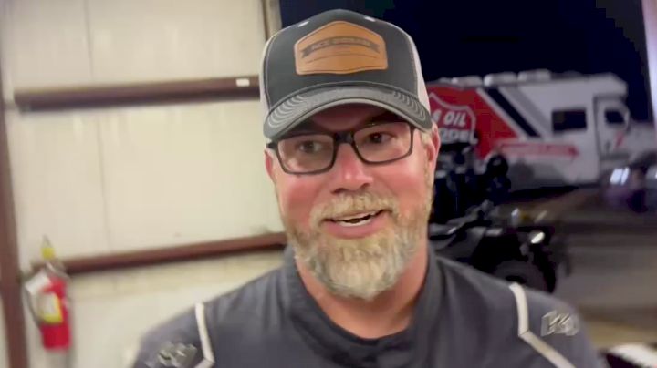 Jonathan Davenport reacts after Lucas Oil Show-Me 100 Friday prelim at Lucas Oil Speedway