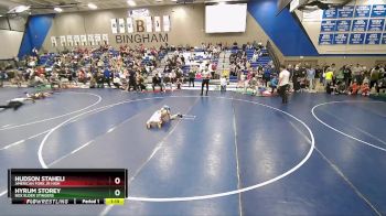 67 lbs Champ. Round 2 - Hudson Staheli, American Fork Jr High vs Hyrum Storey, Box Elder Stingers