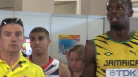 Usain Bolt strolling thru mixed zone after 200 prelim at Moscow World Champs 2013