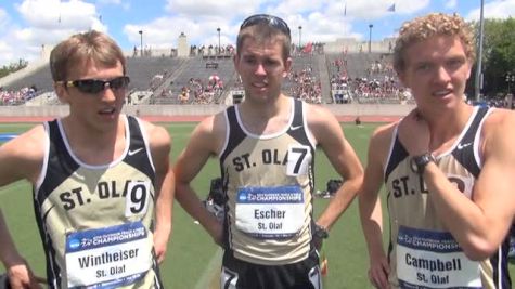 Paul Escher, Grant Wintheiser, and Jake Campbell of St. Olaf talk after the 1500