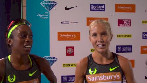 NOP teammates Treniere Moser and Jordan Hasay after the Glasgow 1500
