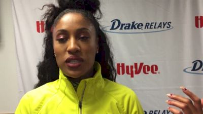 Queen Harrison reacts after record shuttle hurdle performance at Drake Relays