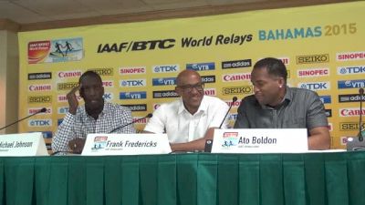 Michael Johnson, Frankie Fredericks, and Ato Boldon watch the 1996 200m Olympic Final