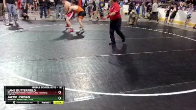 187 lbs Round 1 - Lane Butterfield, Inland Northwest Wrestling Training Center vs Jacob Jordan, Bennett Wrestling Club