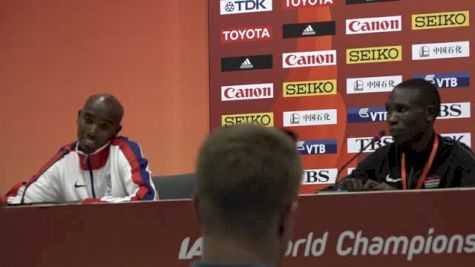 Mo Farah reacts to second 10K World title at Beijing press conference