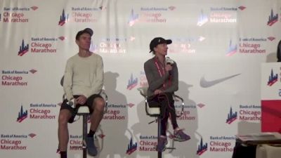 Luke Puskedra and Deena Kastor after top American finishes in 2015 Chicago Marathon