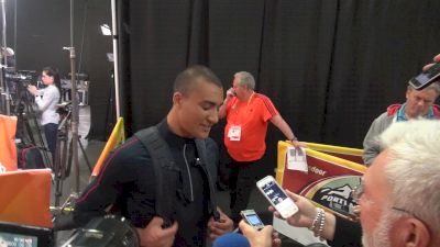 Ashton Eaton's reaction to his wife's victory and says he still has eyes on world record