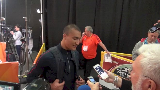 Ashton Eaton's reaction to his wife's victory and says he still has eyes on world record