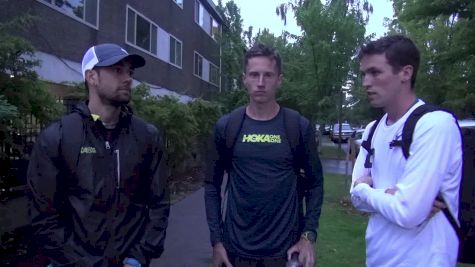 Training partners Kyle Merber, Colby Alexander and Johnny Gregorek after 1500 prelim