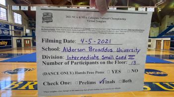 Alderson Broaddus University [Intermediate Small Coed Division II Virtual Finals] 2021 NCA & NDA Collegiate Cheer & Dance Championship