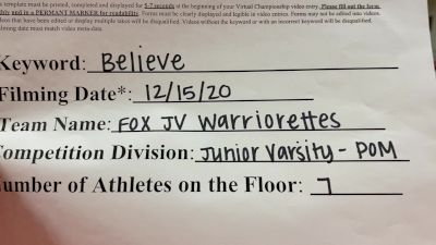 Fox JV Warriorettes [Junior Varsity - Pom] 2020 NDA December Virtual Championship