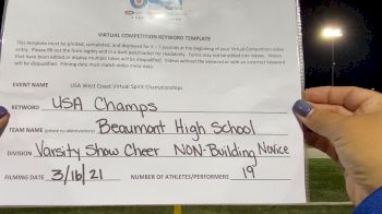 Beaumont High School [Varsity Show Cheer Non Building Novice] 2021 USA Virtual West Coast Spirit Championships