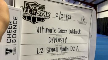 Ultimate Cheer Lubbock - Dynasty [L2 Youth - D2 - Small - A] 2021 NCA All-Star Virtual National Championship