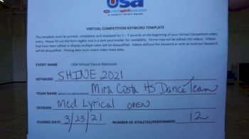 Mira Costa High School [Lyrical Varsity - Medium] 2021 USA Spirit & Dance Virtual National Championships